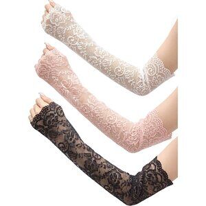 Women's 3 Pairs Black White Pink Long Sleeves Arm Covers Lace Gloves Fingerless